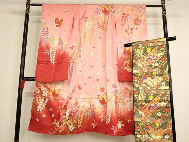 平和屋着物[]七五三 女の子 7歳 祝着 四つ身 袋帯セット 糸車 鳳凰花蝶