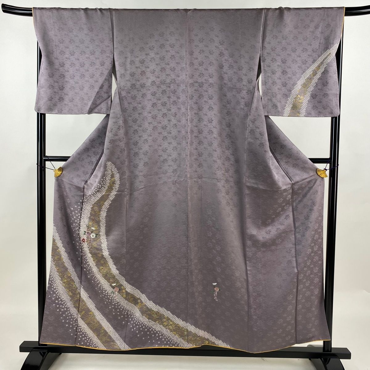 付下げ 身丈156cm 裄丈68.5cm L 袷 草花 刺繍 絞り 灰紫 正絹 秀品