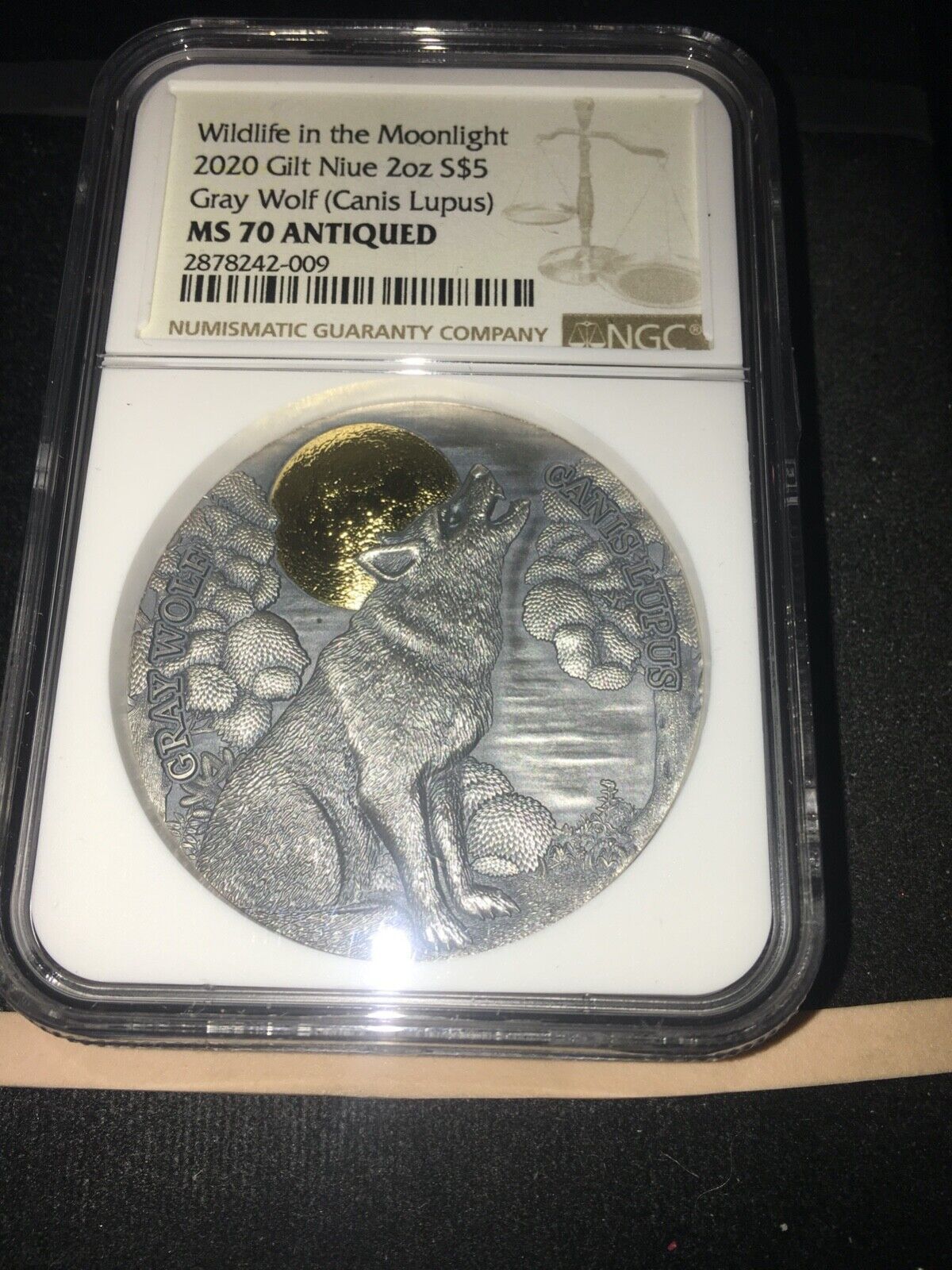 2020 Niue $5 Gray Wolf NGC Graded**MS-70 Antiqued** 2oz .999 Ag Gilt