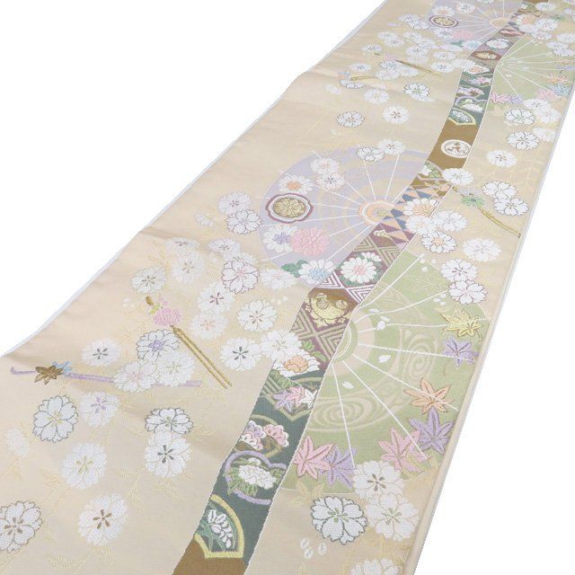 袋帯 中古 六通 花模様 和傘 簪 箔糸 鳥の子色 多色 金 A1193-17