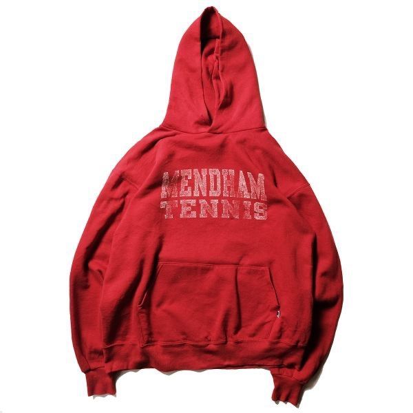 90's USA製 ラッセル ソリッドカラー スウェットパーカー 赤 (XL) プリント入り 90年代 オールド 旧タグ フード アメリカ製 RUSSELL　アメリカ古着 USED  ビンテージ ヴィンテージ