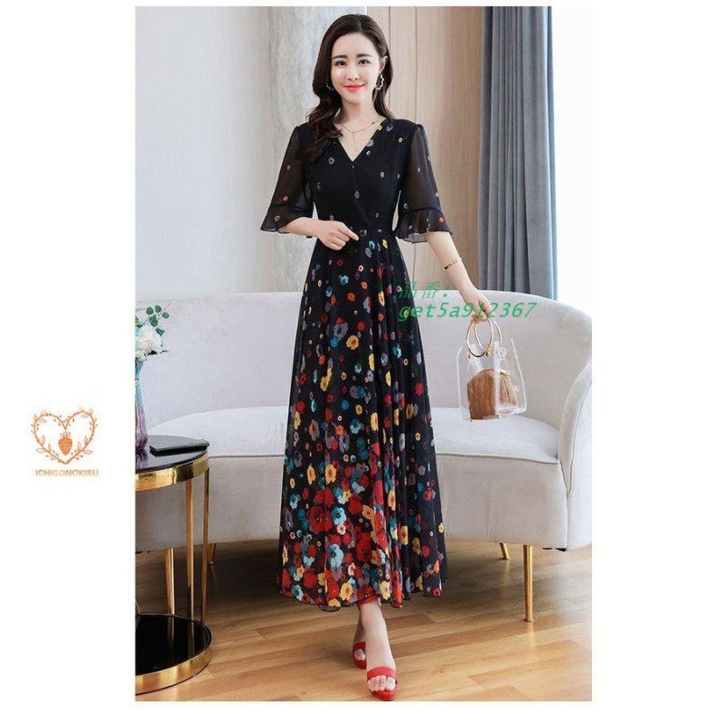 ワンピース レディース 40代 キレイめ マキシワンピース 春夏 花柄フ スカート 大人 30代 五分袖ワンピース シフォン オシャレ大きいサイズ 50代 get5a912367