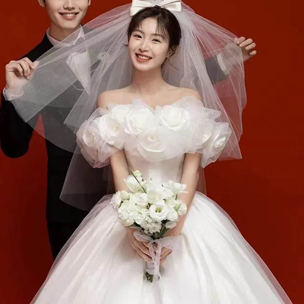 ウェディングドレス 前撮り 二次会 パフスリーブ オフショルダー