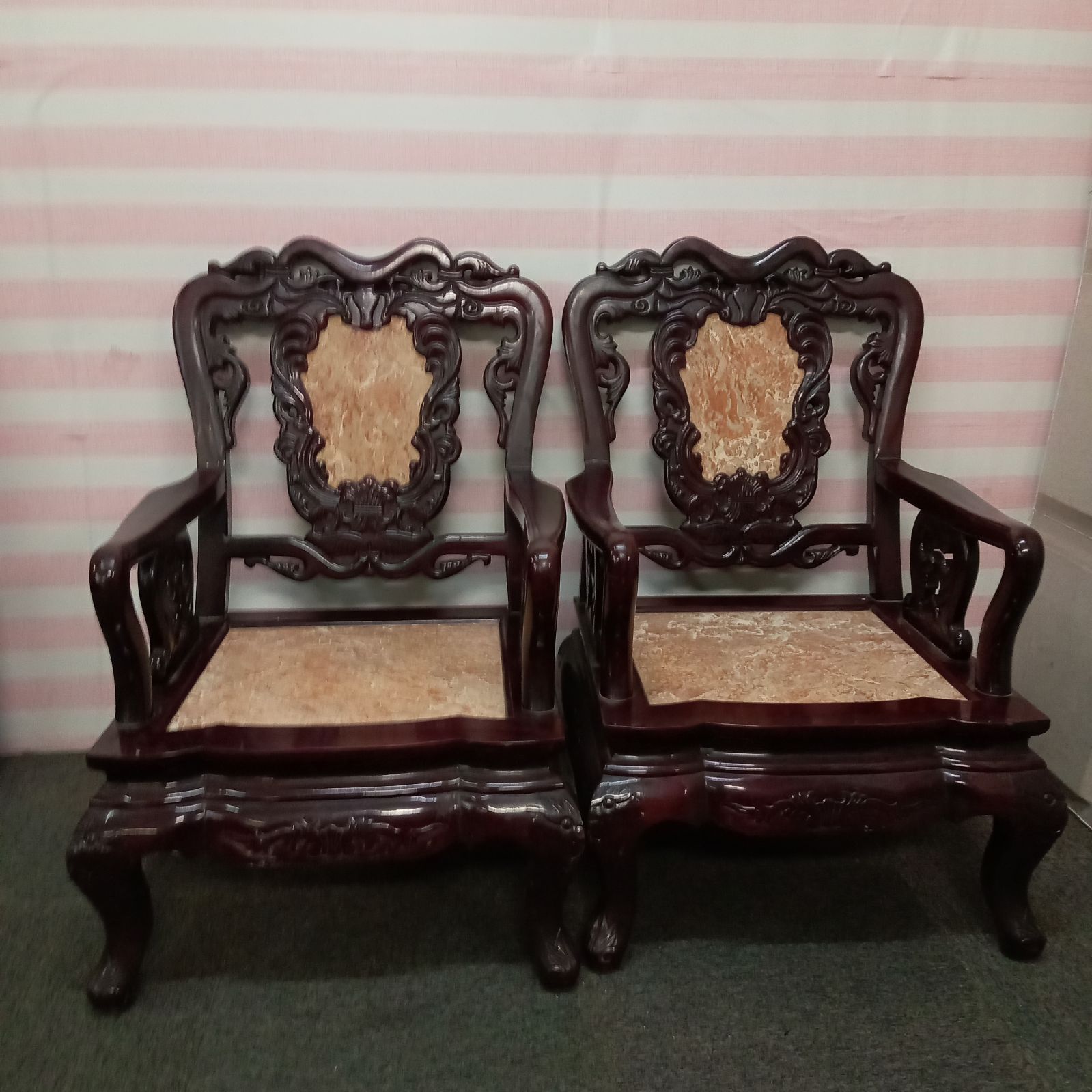 ③ 大理石椅子 手彫り 当時物家具 座緑 中国家具 アンティーク ④