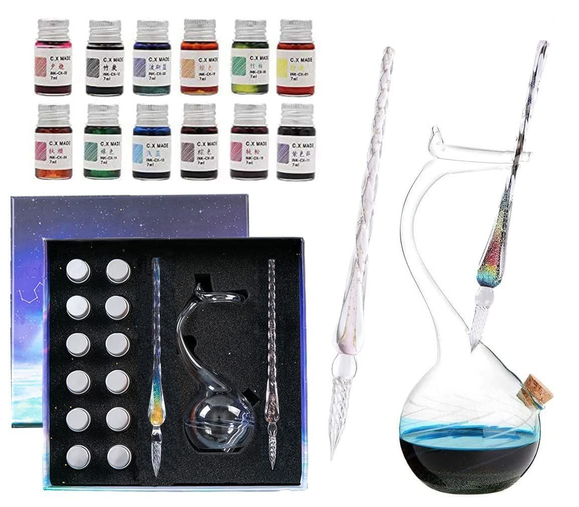 【在庫処分】プレゼント包装 ペン立て 万年筆 DIY工芸品 ペン本体*2+インク12 ン 15点セット 描画ペン レインボークリスタルガラスペン、アート、ライティング、署名、書道、装飾用 (B) ガラ
