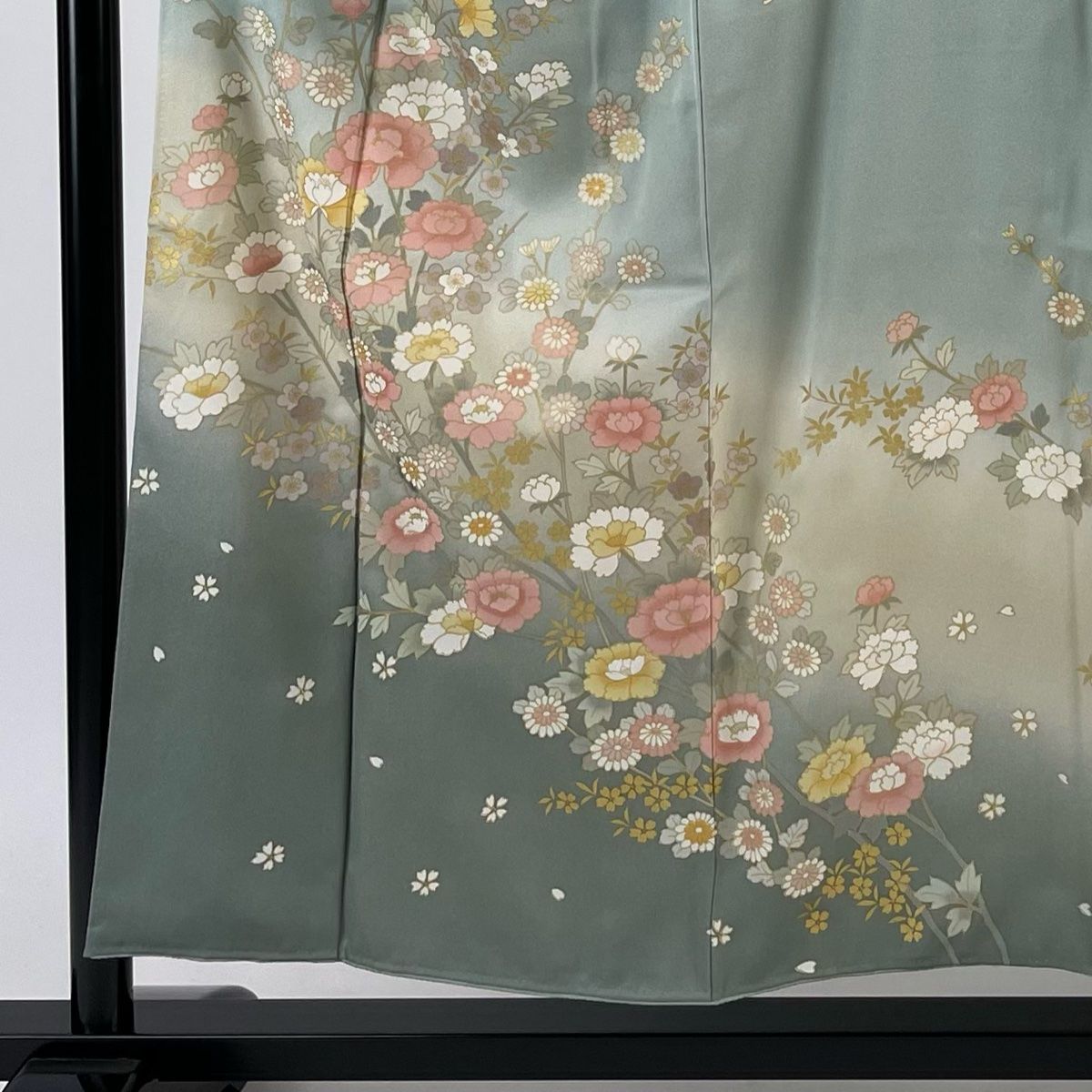 袋帯 美品 秀品 向い鳥 草花 金糸 箔 灰緑 六通 正絹 【中古】