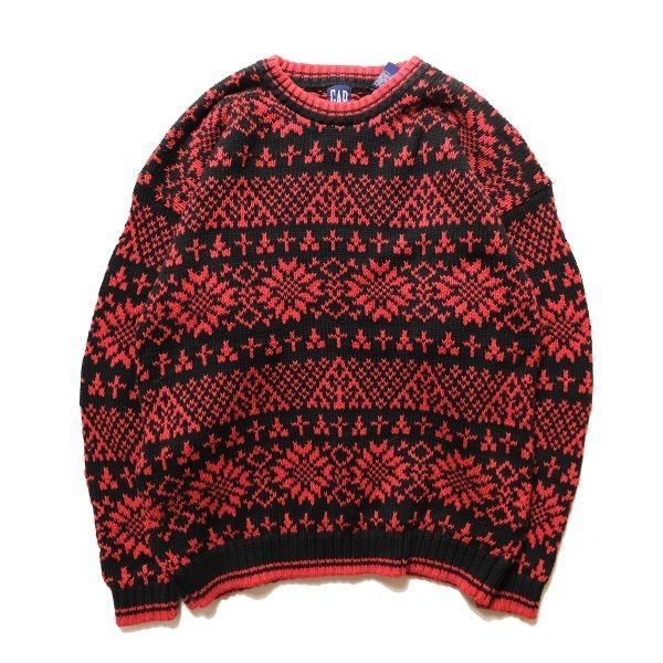 90's ギャップ GAP クルーネック コットン ニットセーター (M) 赤×黒 総柄 柄ボーダー 90年代 旧タグ オールド Y2K 青タグ デカタグ　アメリカ古着 USED  ビンテージ ヴィンテージ