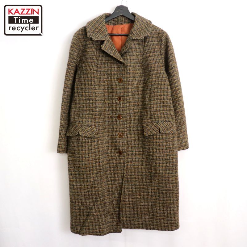 60s HARRIS TWEED チェック柄 ウール コート レディース Lサイズ相当