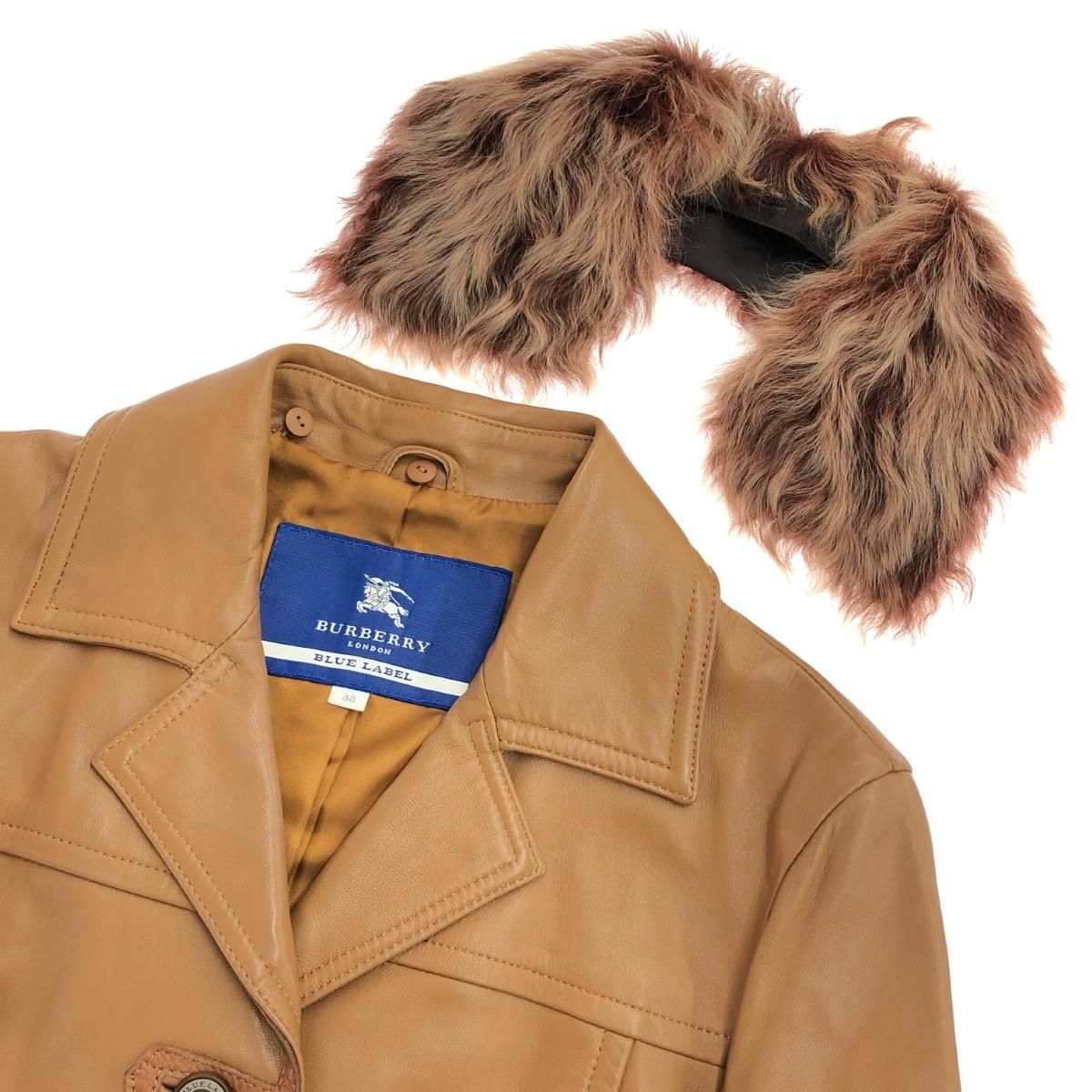 BURBERRY BLUE LABEL ロングコート 38 バーバリーブルーレーベル フォックスファー付き ロングコート