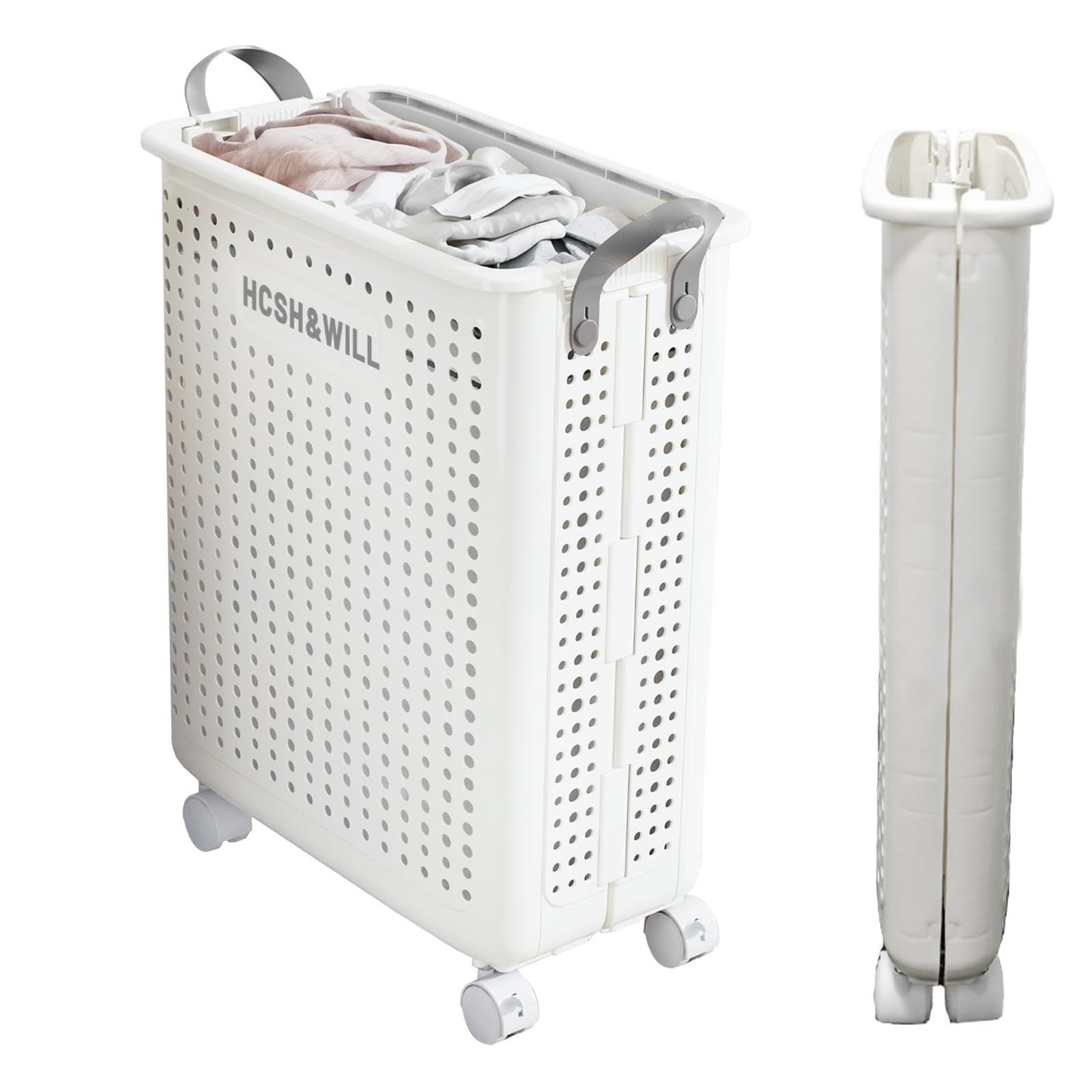 38L-37.7*22*45.4cm 白-1個 38L 白 幅37.7×奥行22×高さ45.4cm 洗濯物入れ 取っ手付き 大容量 キャスター付き 洗濯籠 洗濯カゴ 折りたたみ バスケット ランドリー 洗濯かご HCSH-WILL