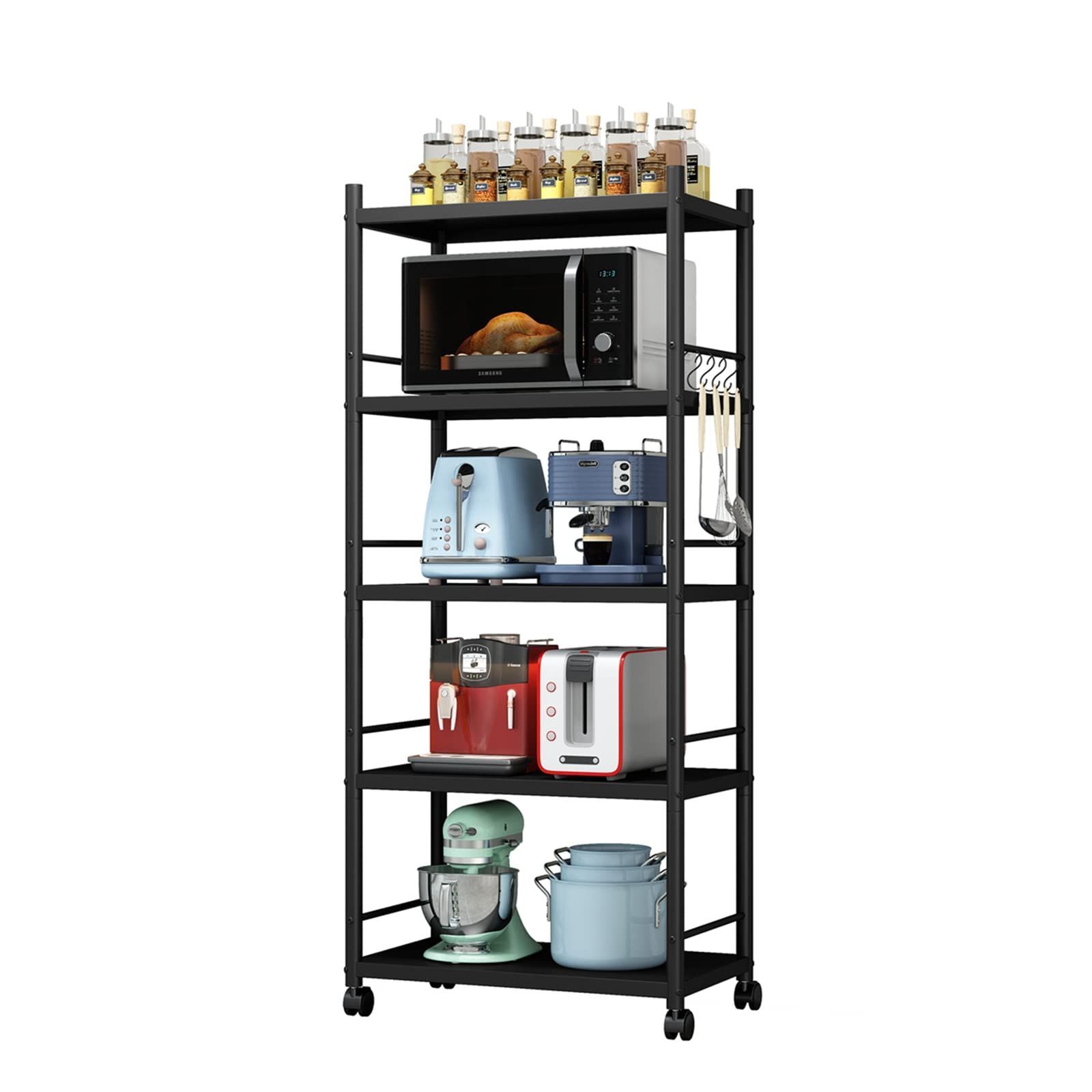 【人気商品】収納棚 高耐荷重 レンジ台ラック キャスター付き 幅59×奥行38.5×高さ164cm キッチンラック 幅60cm メタルラック (5段) スチールラック Huaniun