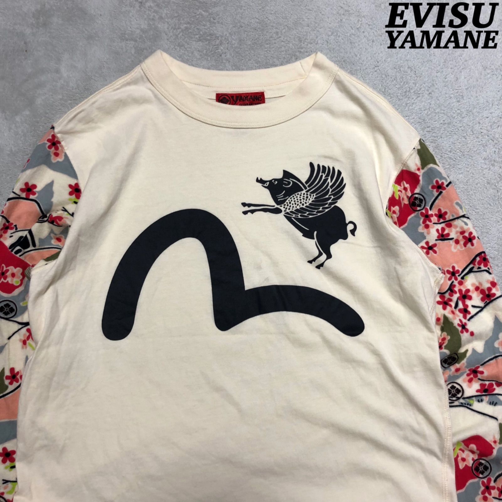 EVISU / YAMANE プリントTシャツ ロゴ カモメ 刺繍 羽豚 和柄 梅 花柄 家紋 36サイズ ロングスリーブ 長袖カットソー ロンT 白系 オフホワイト アイボリー 生成り エヴィス エビス ヤマネ