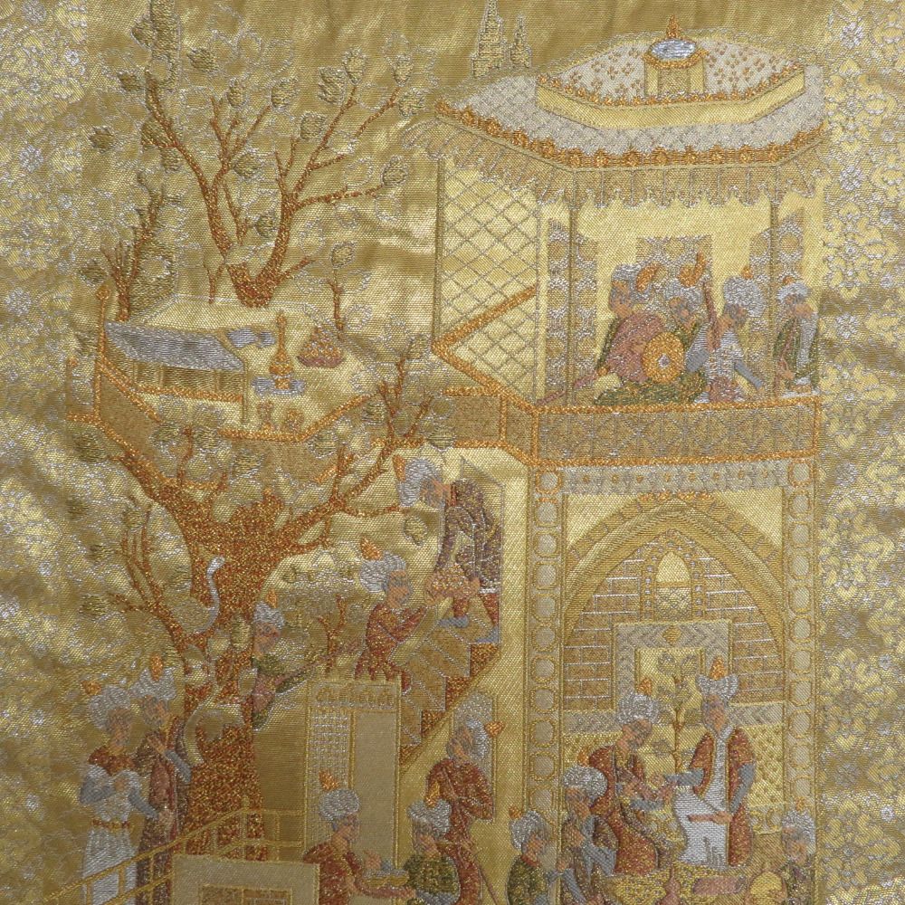 袋帯 繻珍織 本金 金糸銀糸 トルコ風景文様 六通柄 ゴールド色 正絹  