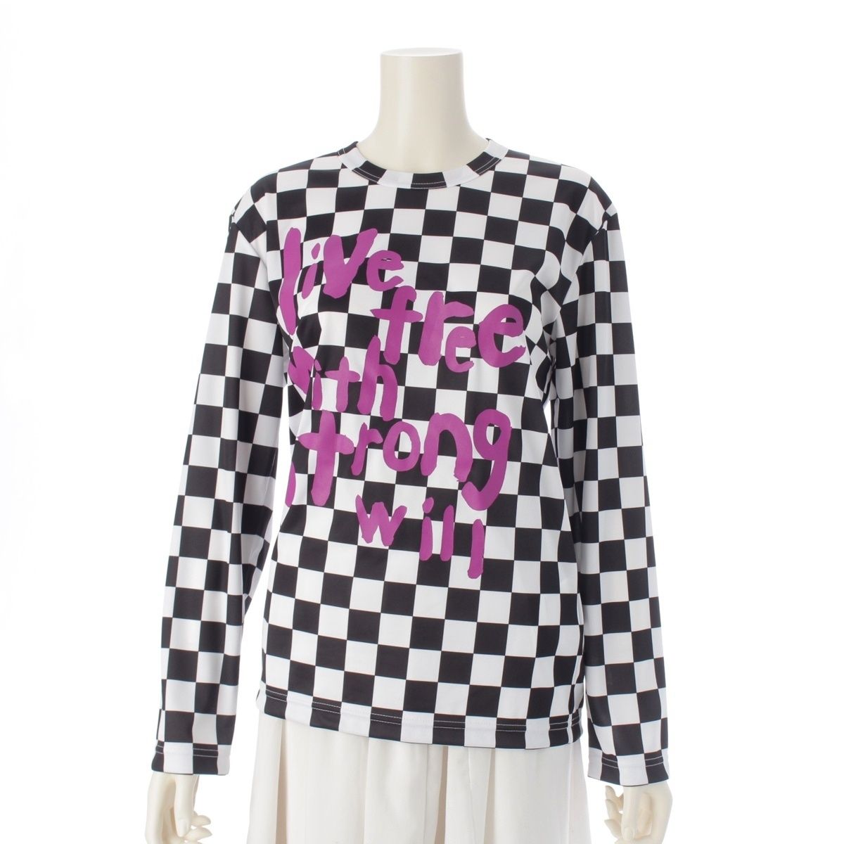 コムデギャルソン AD2025 メッセージプリント チェッカー カットソー RM-T025 ブラック×ホワイト×パープル S