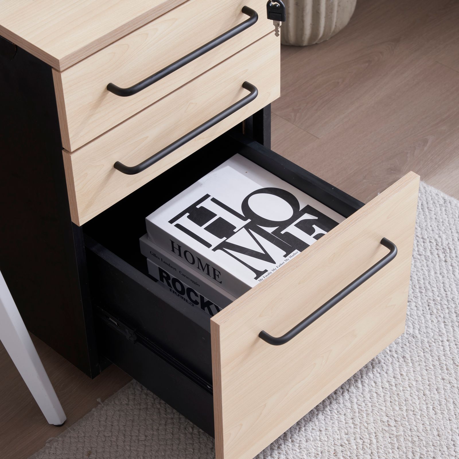 登場 デスクワゴン サイドワゴン ラックオフィス用 鍵付き キャスター付き 脇机 引き出し3段 ナチュラル MARWIL-DEMENAGEMENTS_CH