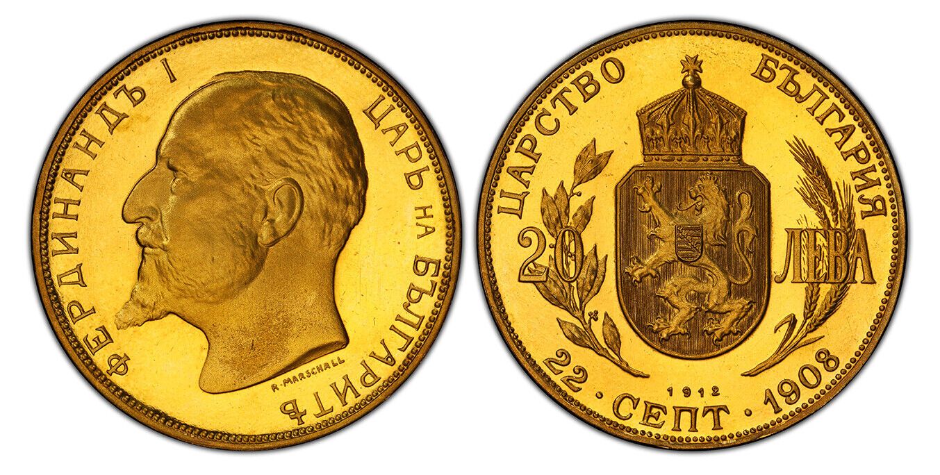 BULGARIA. Ferdinand I 1908 1912 AV Restrike 20 Leva PCGS PR68 Deep Cameo KM 33