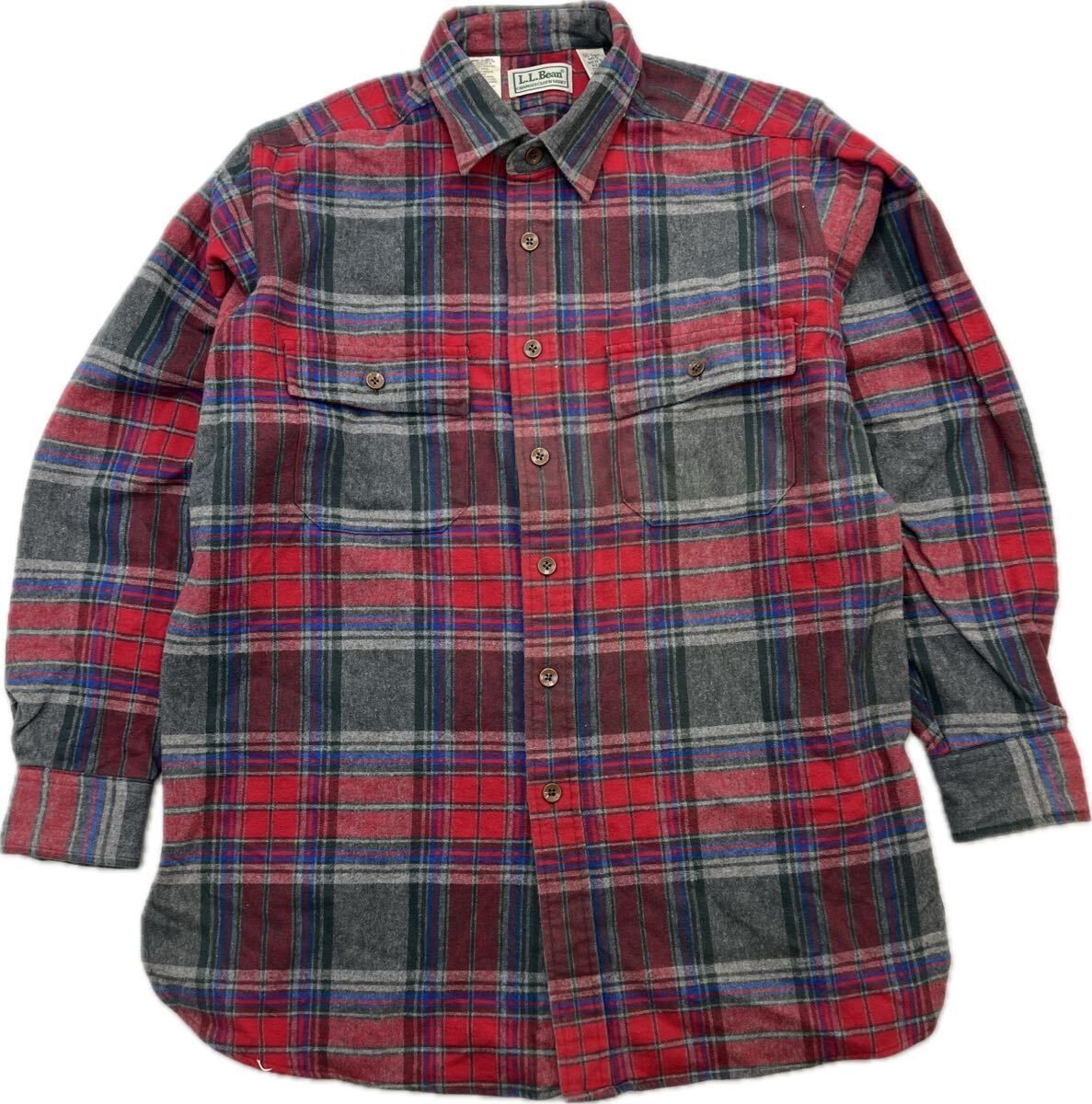 90s ☆ L.L.Bean ☆ オールド エルエルビーン レッド グレー チェック シャツ 長袖 メンズ M 秋冬 アウトドア ワーク アメカジ 古着■DD304