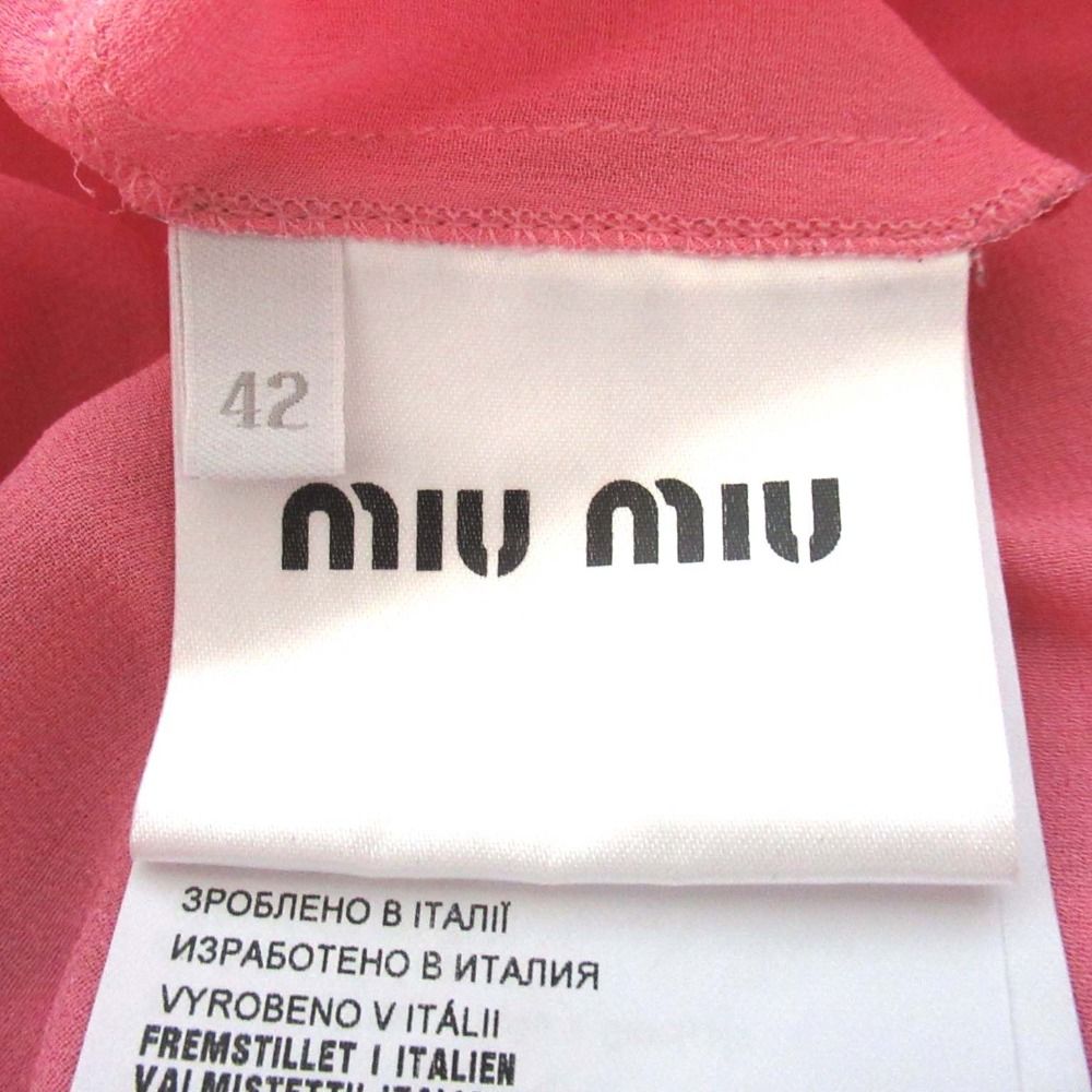 MIU MIU - 美品 miumiu ミュウミュウ フリル プリーツ リボン シルク シアー ブラウス 42サイズ ピンク レディース 古着 中古 USED 美品 miumiu ミュウミュウ フリル プリーツ リボン シルク