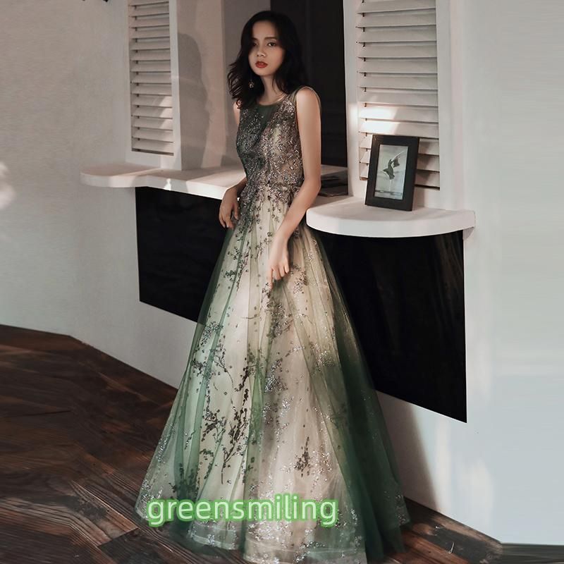 カラードレス ロングドレス グリーン ノースリーブ 演奏会 発表会