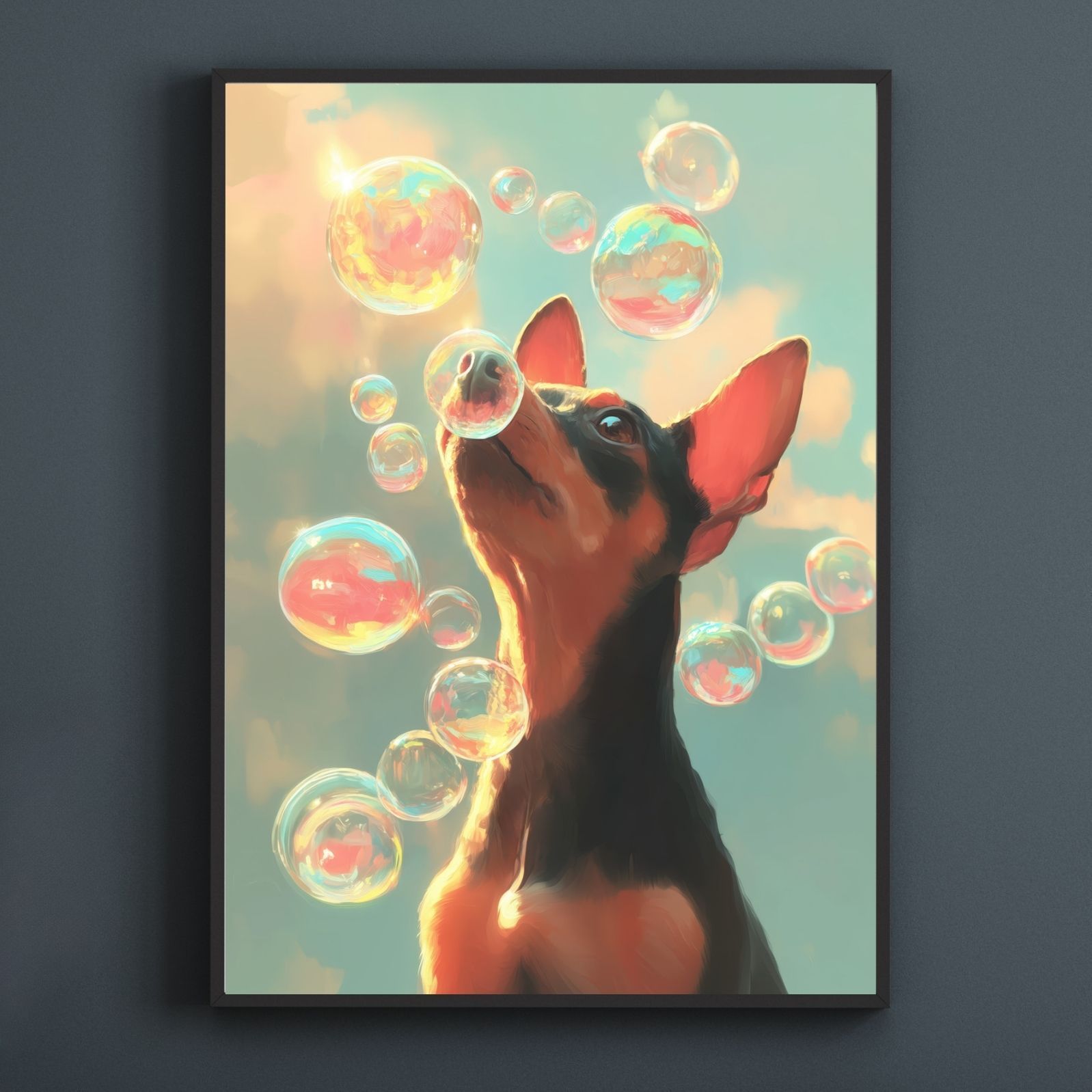 名入れOK 犬とシャボン玉 - ミニチュア ピンシャー犬 No.1 アートポスター うちの子記念日 ペットロス 北欧 ナチュラル