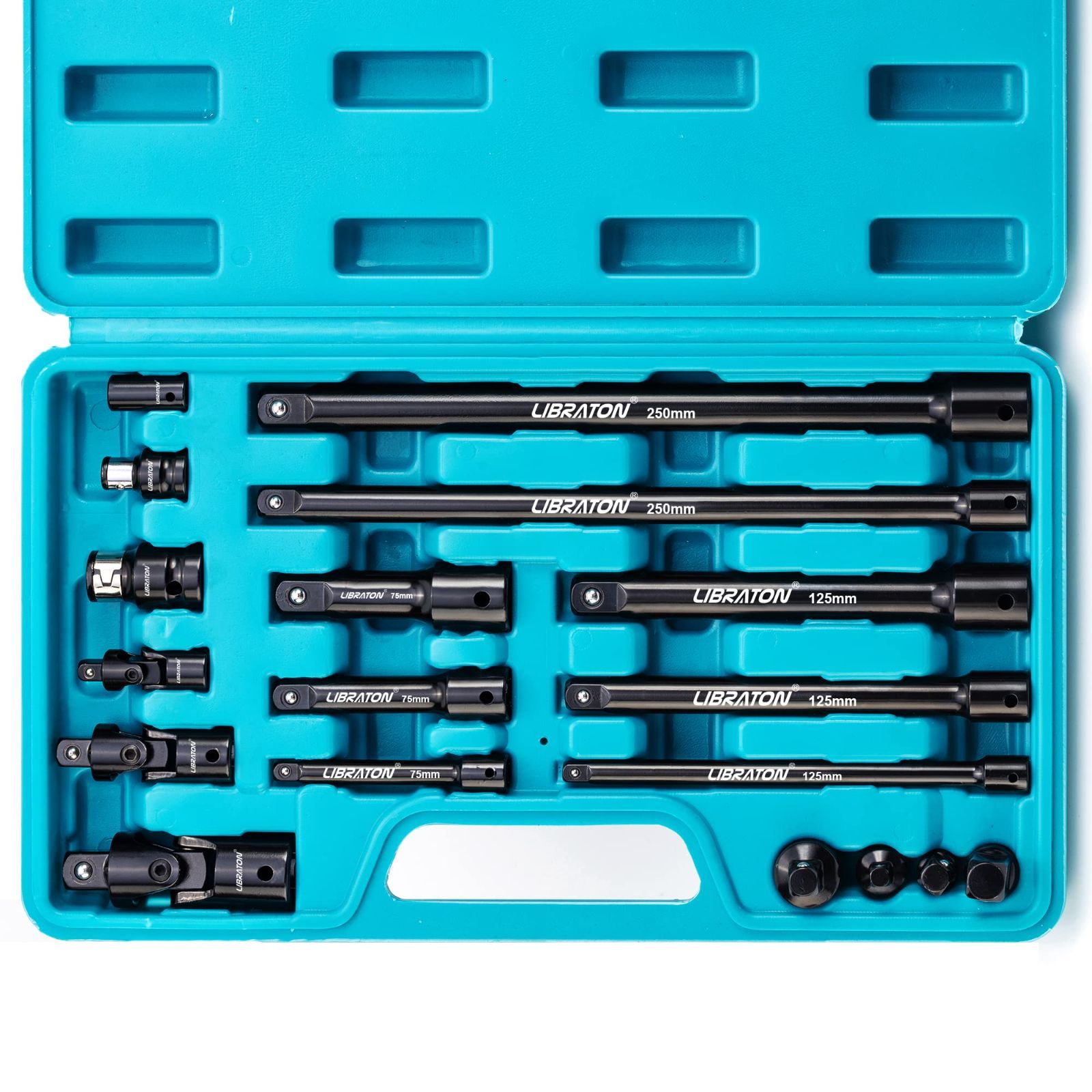 Libraton エクステンションバーセット 差込角 6.35mm 9.5mm 12.7mm ソケットアダプター ユニバーサルジョイント 全長50-250mm クロームバナジウム鋼 収納ケース付き 18点セット