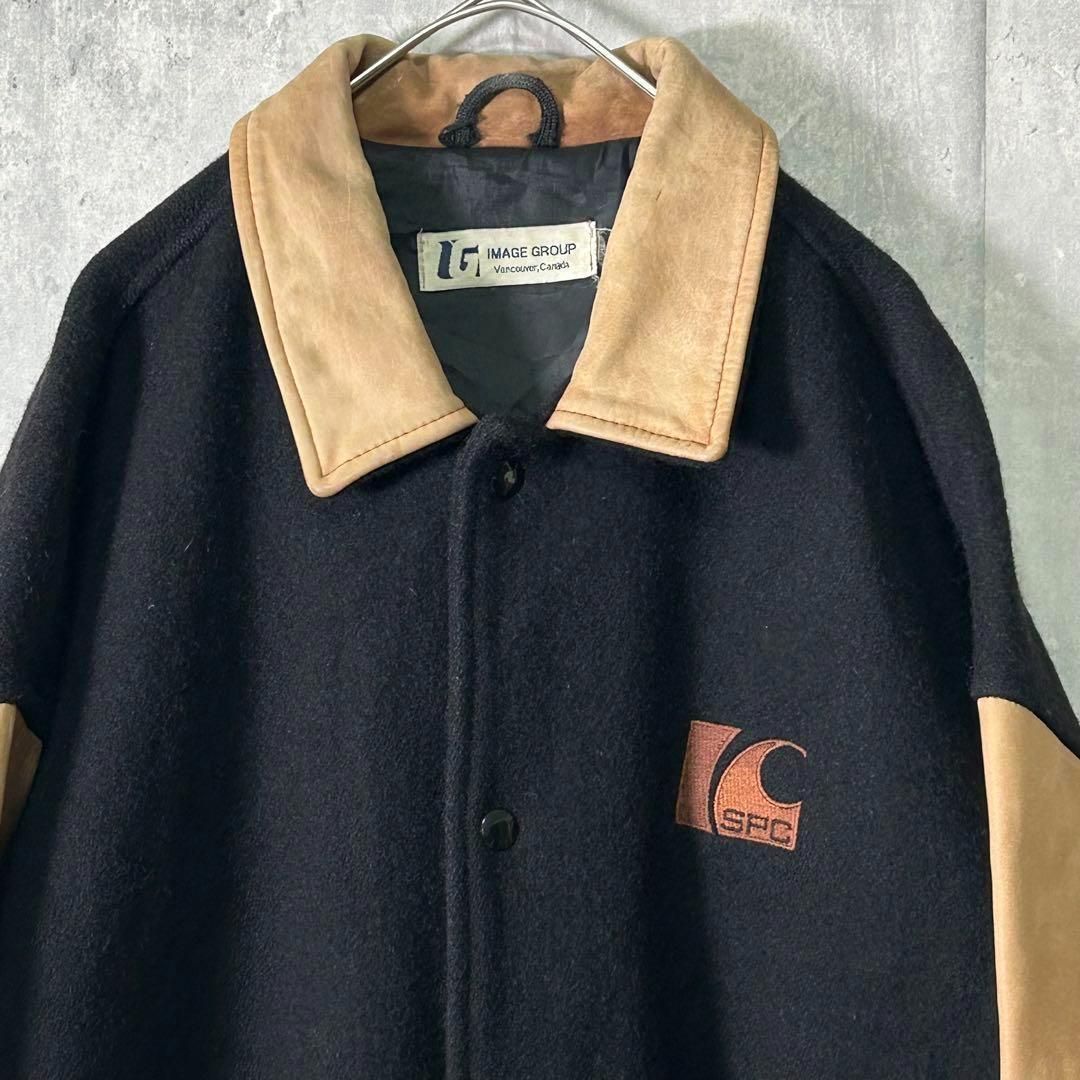 カナダ製 ヴィンテージ 短丈 スタジャン 刺繍 レザー ウール 黒 茶