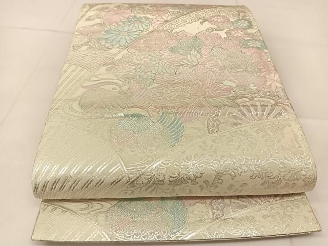 袋帯 作家物 落款有り 染め帯 銀通し 流線 箔散らし 正絹 中古 kp1736 袋帯 美品 名品 落款 墨流し 銀通し 青灰色 全通 正絹 【中古