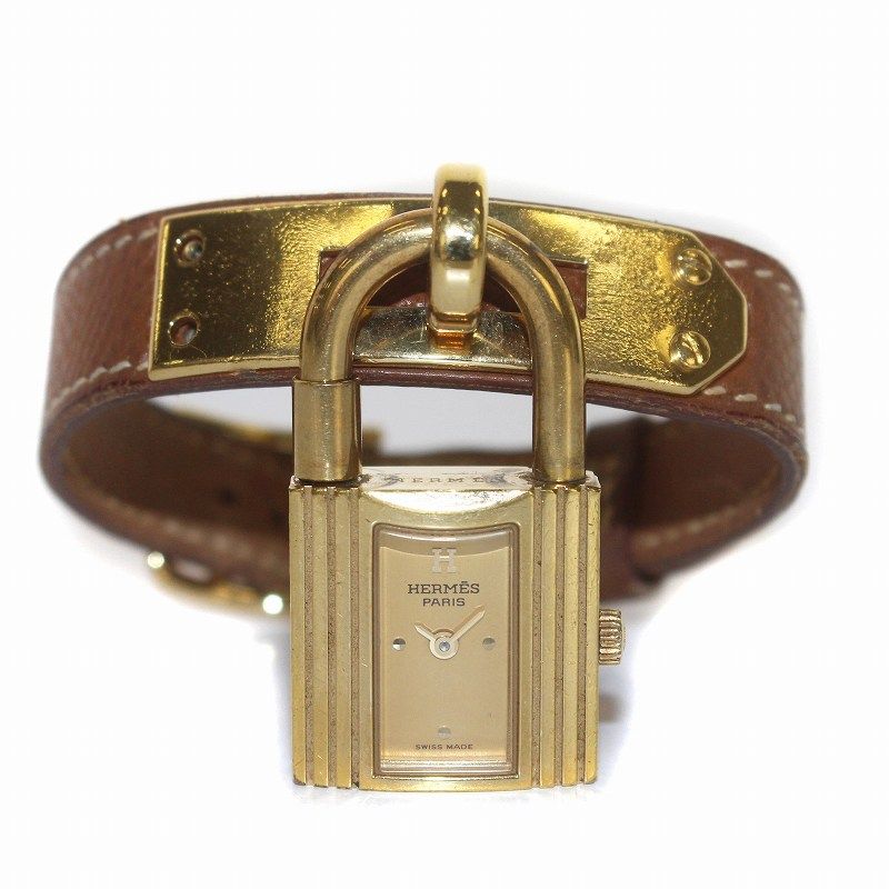 エルメス HERMES ヴィンテージ Z刻印 KELLY ケリーウォッチ カデナ型 腕時計 クォーツ 2針 金メッキ レザー ゴールド色 茶 ブラウン /IR GY10 OH