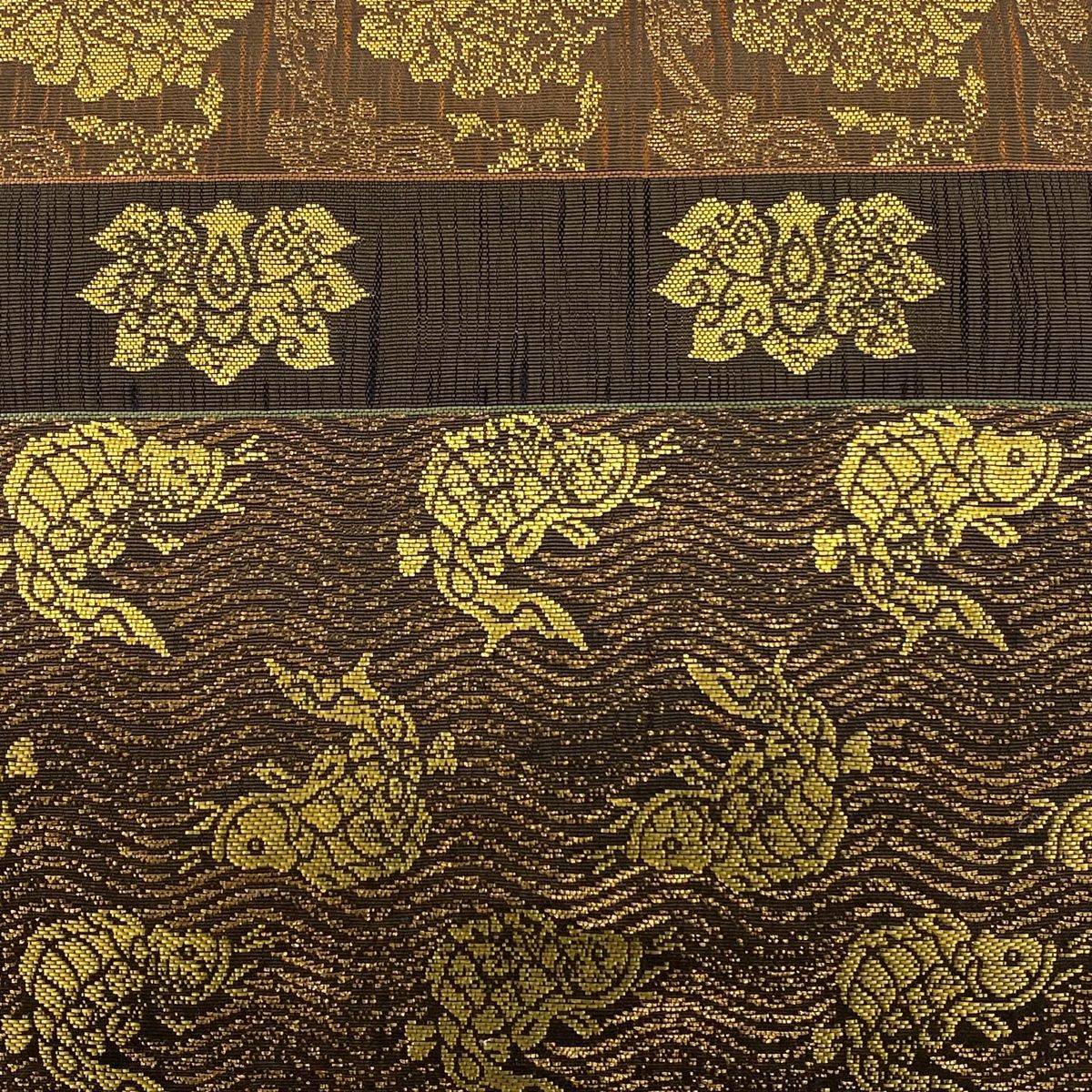 袋帯 秀品 落款 古渡裂類集 荒磯 花唐草 金糸 箔 茶色 お太鼓柄 正絹