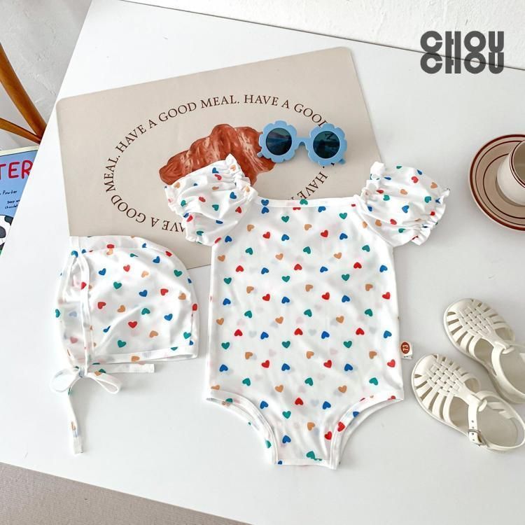 女の子 水着 キッズ水着 オールインワン スイムキャップ ワンピース 可愛い UVカット 焼け防止 カラフル プール 女児 おしゃれ 練習用 旅行 温泉 水遊び ビーチ