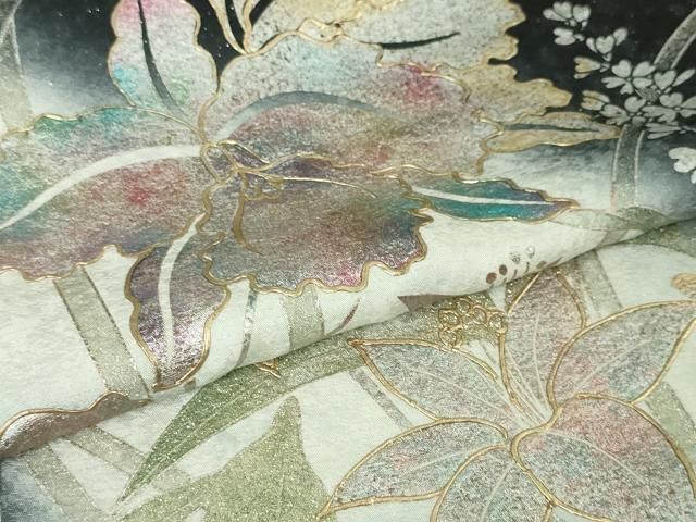 平和屋本店□極上 訪問着 草花文 暈し染め 黒地 金銀彩 銀通し地 逸品