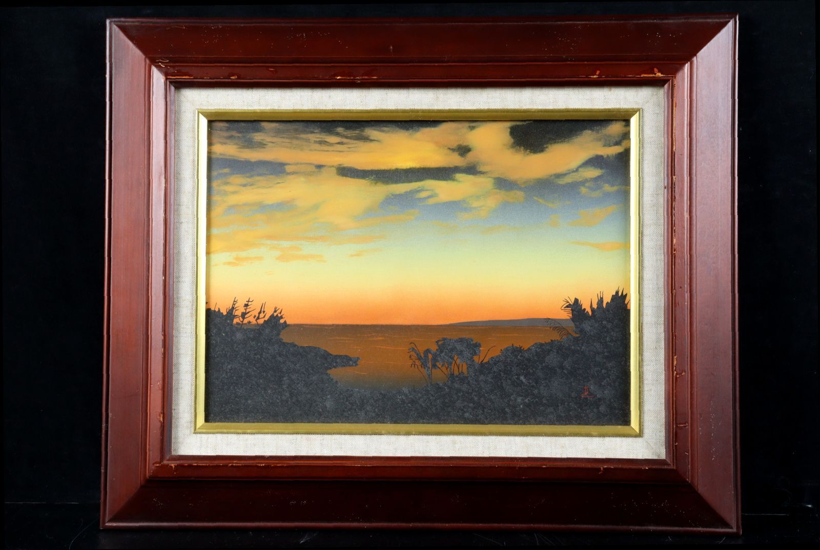 絵画　F4サイズ　鎮西　直秀 ▽ 鎮西直秀 「夕映え宮古島」 肉筆油彩4号 夕焼け 風景画 唐物