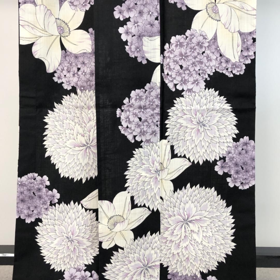 夏着物 浴衣 松田聖子監修 紫陽花 菊の花 黒色 トールサイズ K-4847