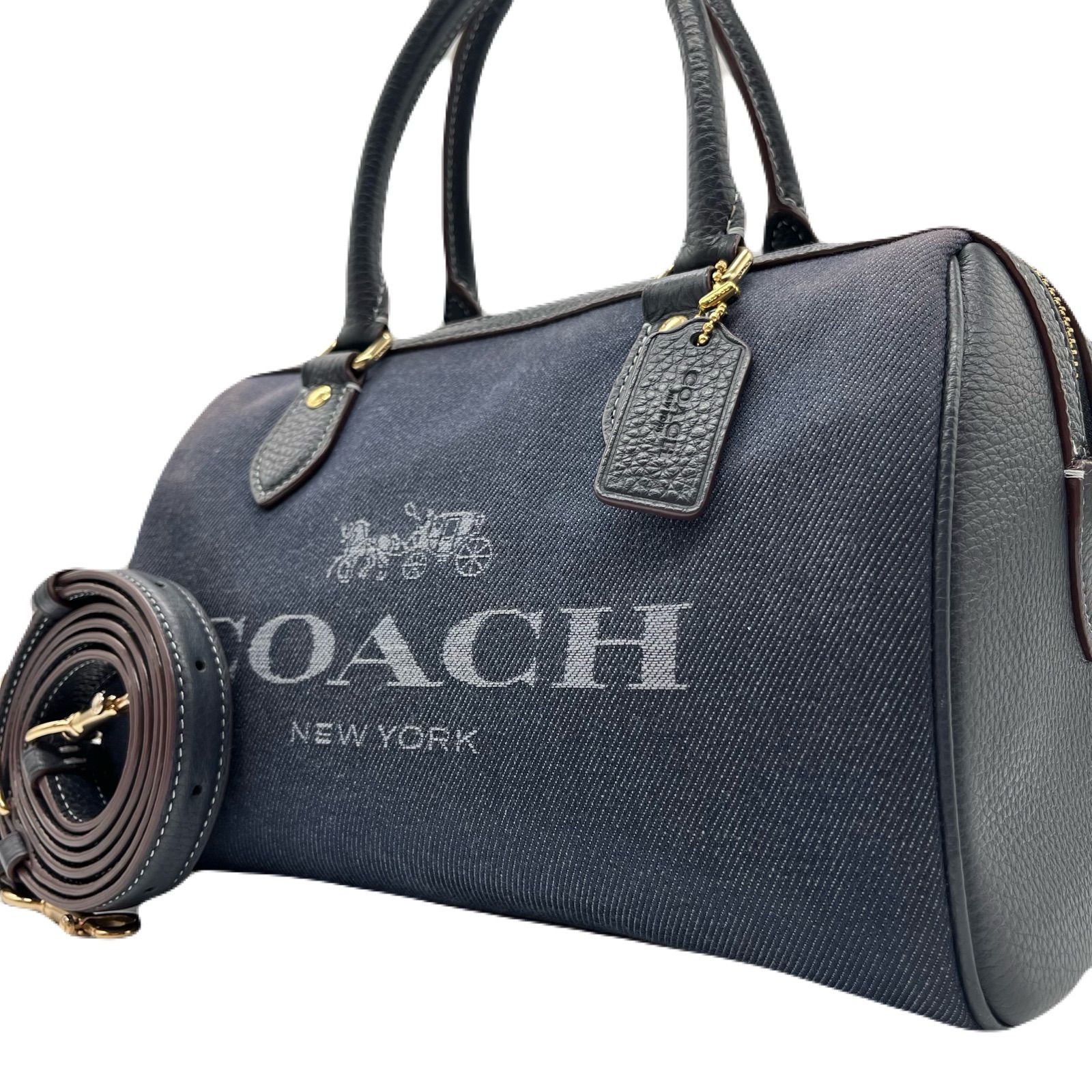 極美品<!-利用不可文字-!>COACH コーチ ハンドバッグ ショルダーバッグ ミニベネット ミニボストン 2way 手提げ 肩掛け 斜め掛け  レザー デニム ゴールド金具 インディゴ - メルカリ