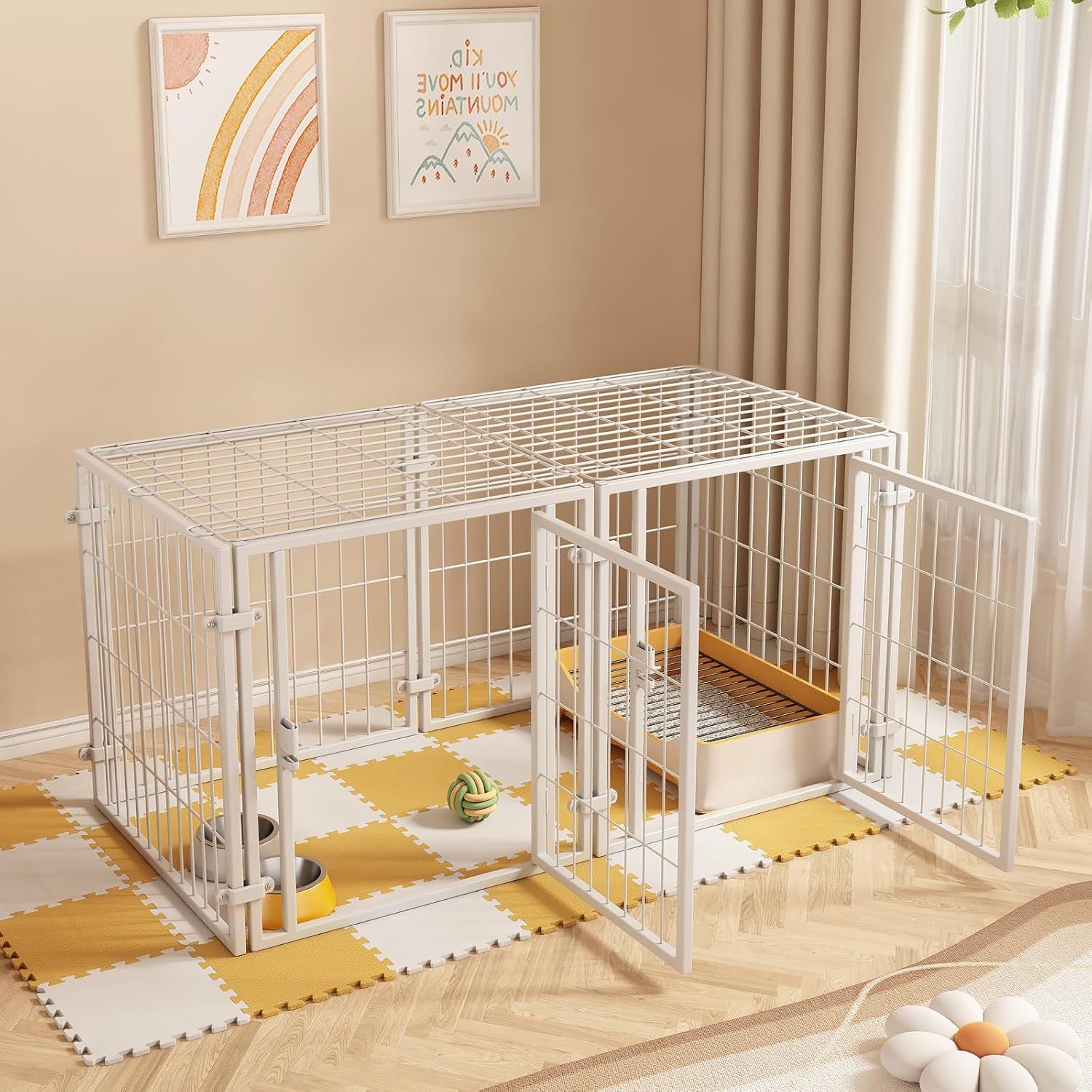 HEEOREV ペットサークル 犬 ゲージ ペットフェンス 犬 サークルケージドア付き サイズ 120x60x70CM 屋根面付き 2つのドア 栅 組立簡単 レイアウト自由 トイレトレーニング 脱走防止 自立 ケージ 犬用 小型犬 中型犬 大型犬
