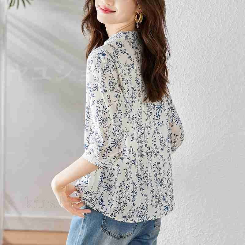 ブラウス レディース トップス Vネック 花柄シャツ 7分袖 長袖