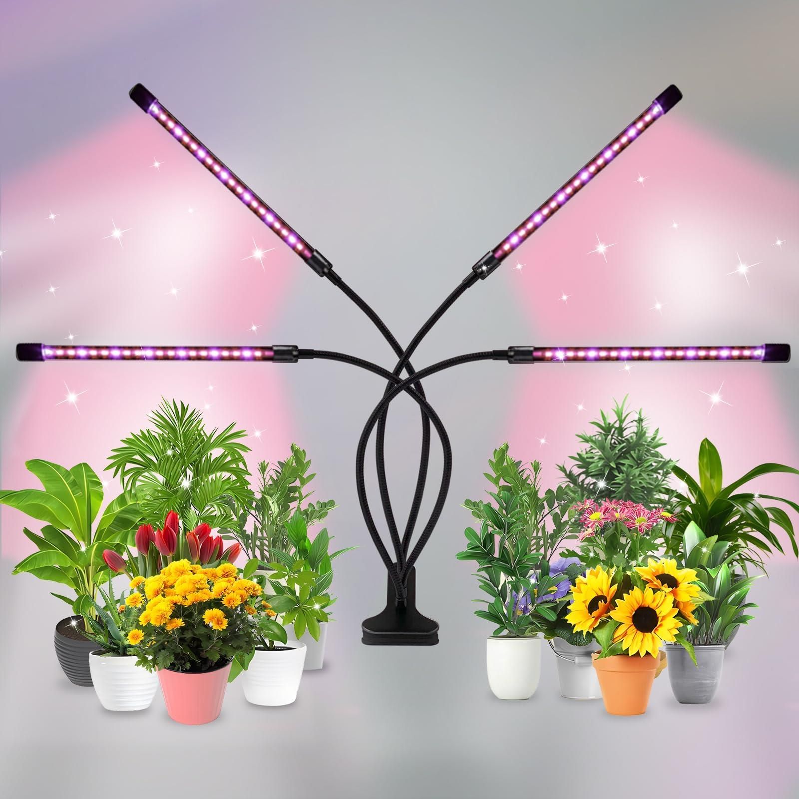 Heathredy 植物育成ライト LED 室内栽培ランプ アルミニウム タイミング定時機能（3H / 9H / 12H）9段階調光 4ヘッド付き 3スイッチモード(青いランプ 白い＋赤いランプ 組み合わせランプ) 360調節 