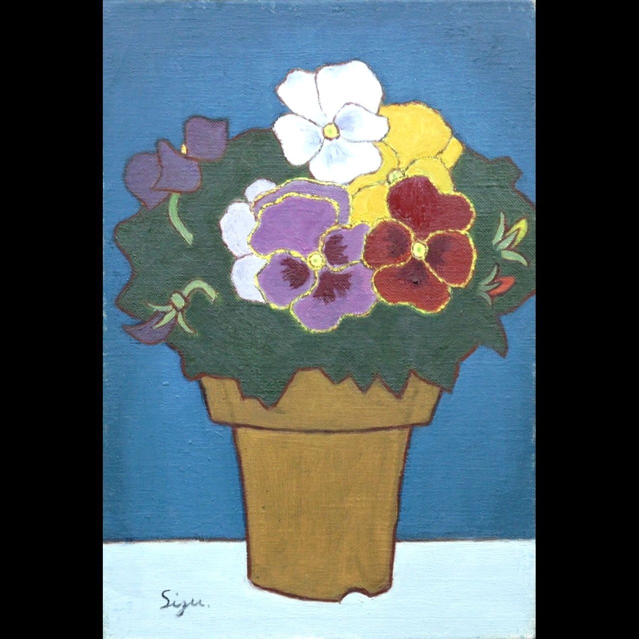 須田刻太 「静物画」 肉筆油彩画 パンジー 花 唐物 骨董 古美術