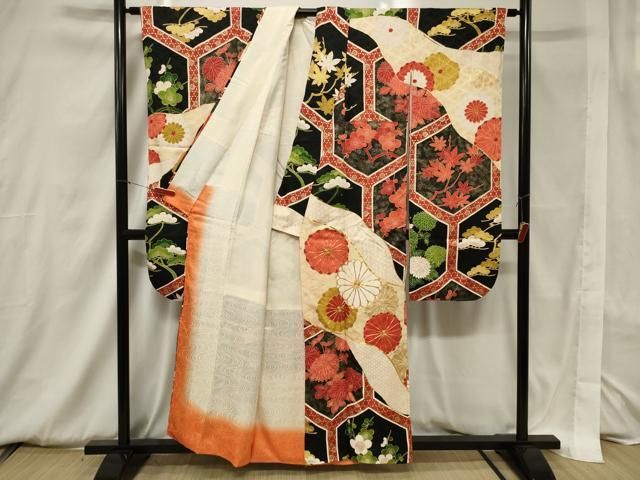 セミアンティーク 豪華な菊花模様 金駒刺繍 金彩 袷 正絹 振袖・襦袢セット 平和屋着物□豪華振袖 駒刺繍 絞り 吉祥枝花文 金彩 正絹 逸品