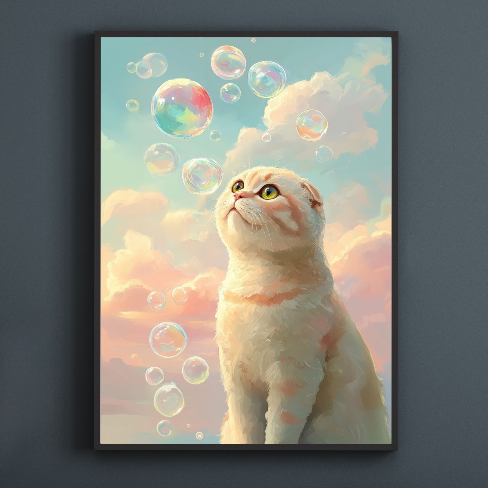 名入れOK 猫とシャボン玉 - スコティッシュフォールド猫No.1 アートポスター ペットロス うちの子記念日 北欧 ナチュラル