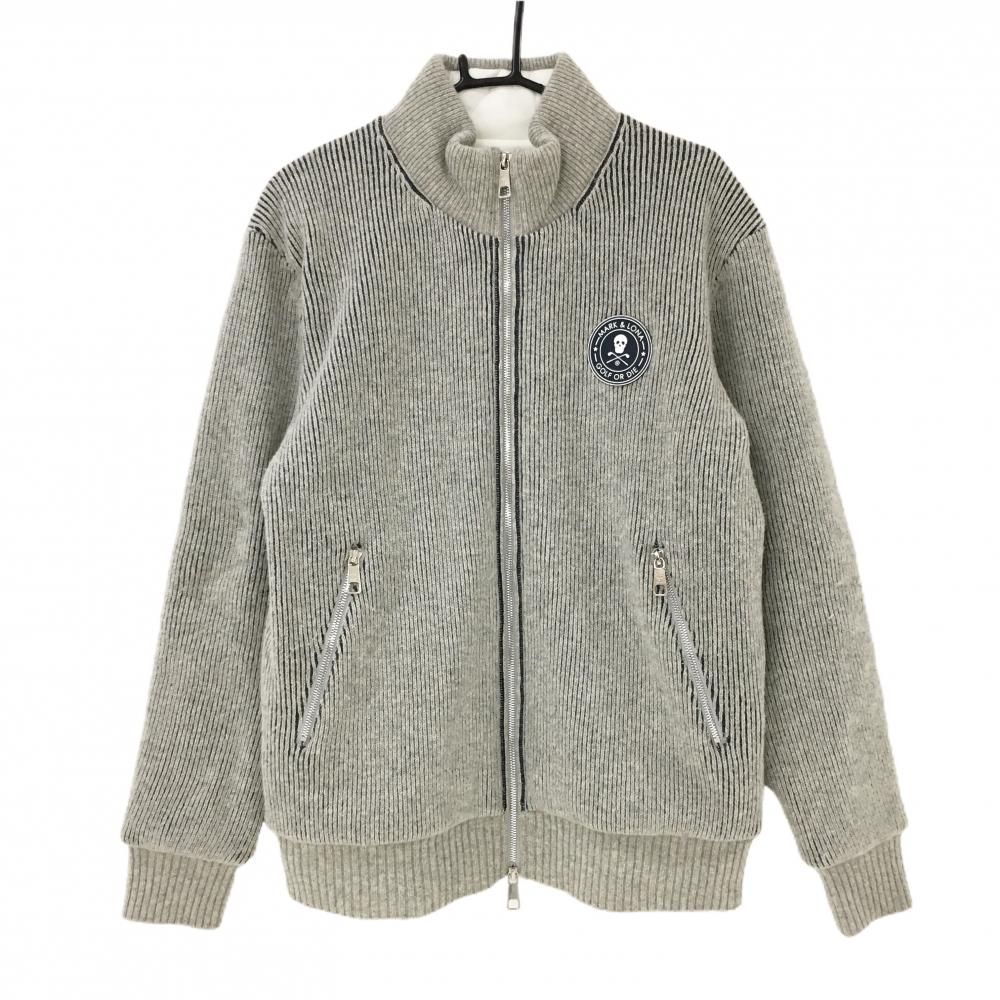 【美品】マークアンドロナ 中綿ニットジャケット グレー×ネイビー ストライプ編み ウール混 メンズ 50(XL) ゴルフウェア MARK＆LONA