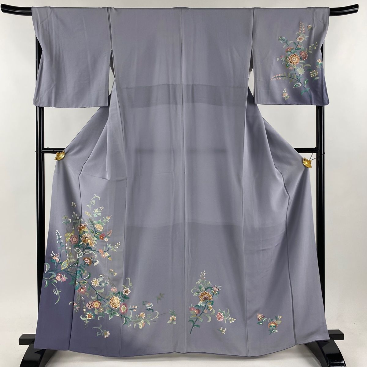 付下げ 身丈163cm 裄丈68cm L 袷 草花 束ね熨斗 刺繍 金糸 灰紫 正絹  