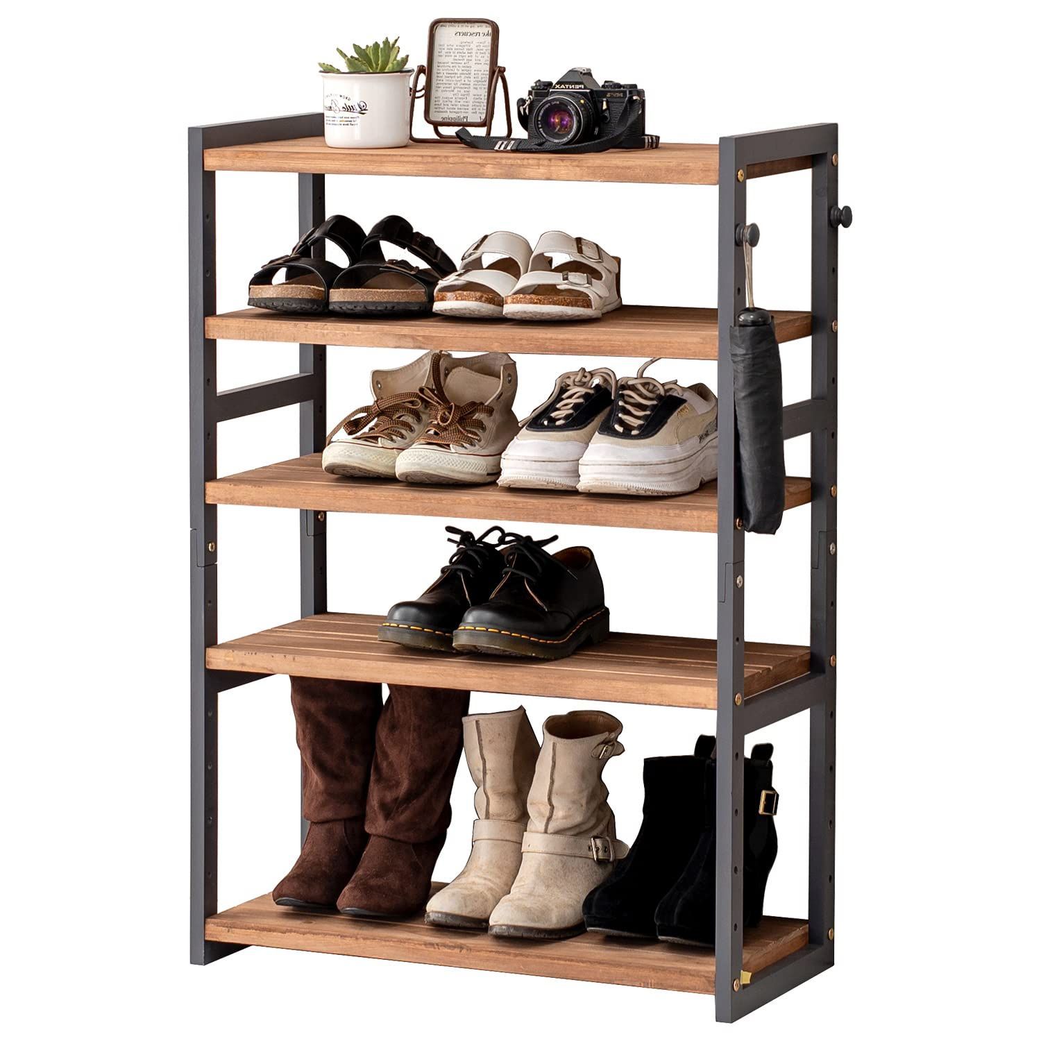 【人気商品】ラック 靴箱 棚 【天然木パイン材使用】木製 下駄箱 玄関収納 靴 5段 シンプル 幅65 シューズラック 奥行28 高さ92 ダーク 萩原 グレー 黒 MSS-6711NDG