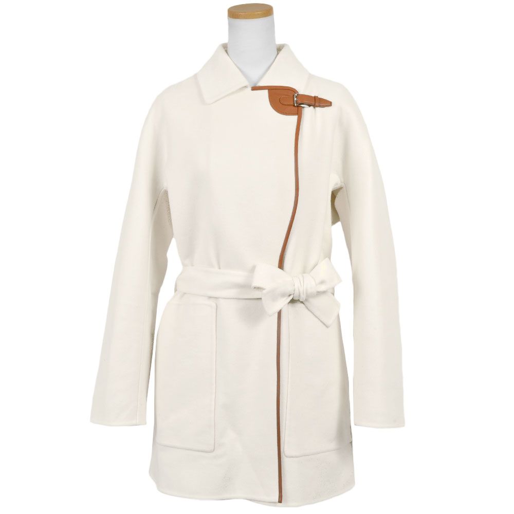 エルメス HERMES ダブルフェイス コート カシミヤ レザー ホワイト