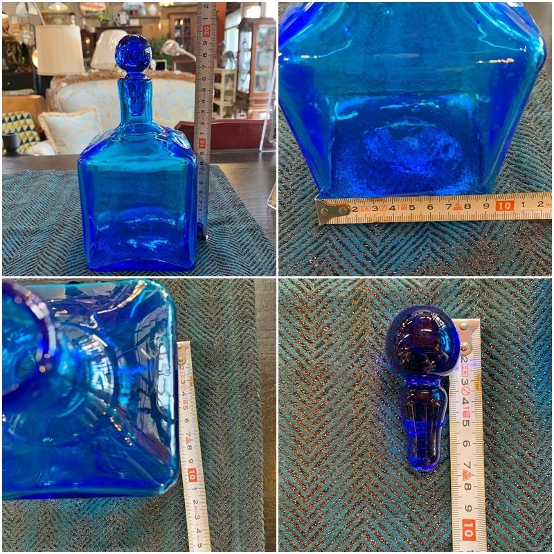 レトロ ブルー ボトル 瓶 アンティーク カラーガラス 蓋つき 藍