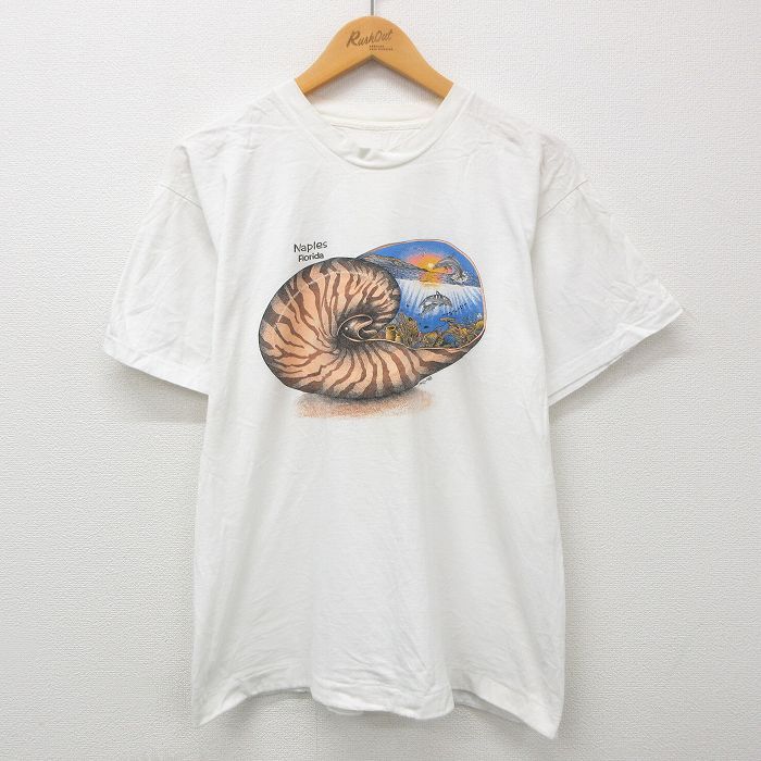 L/古着 半袖 ビンテージ Tシャツ メンズ 90s ネープルズ 貝 イルカ クルーネック 白 ホワイト 23mar17 中古