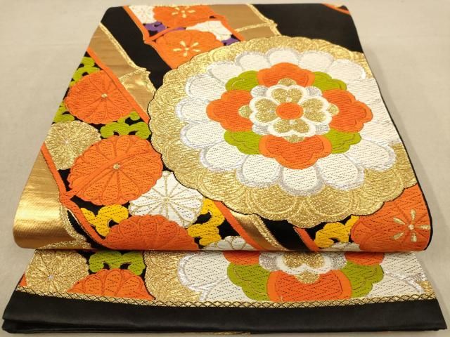 平和屋着物◎六通柄袋帯 唐織 竹と花 黒地 金銀糸 正絹 逸品