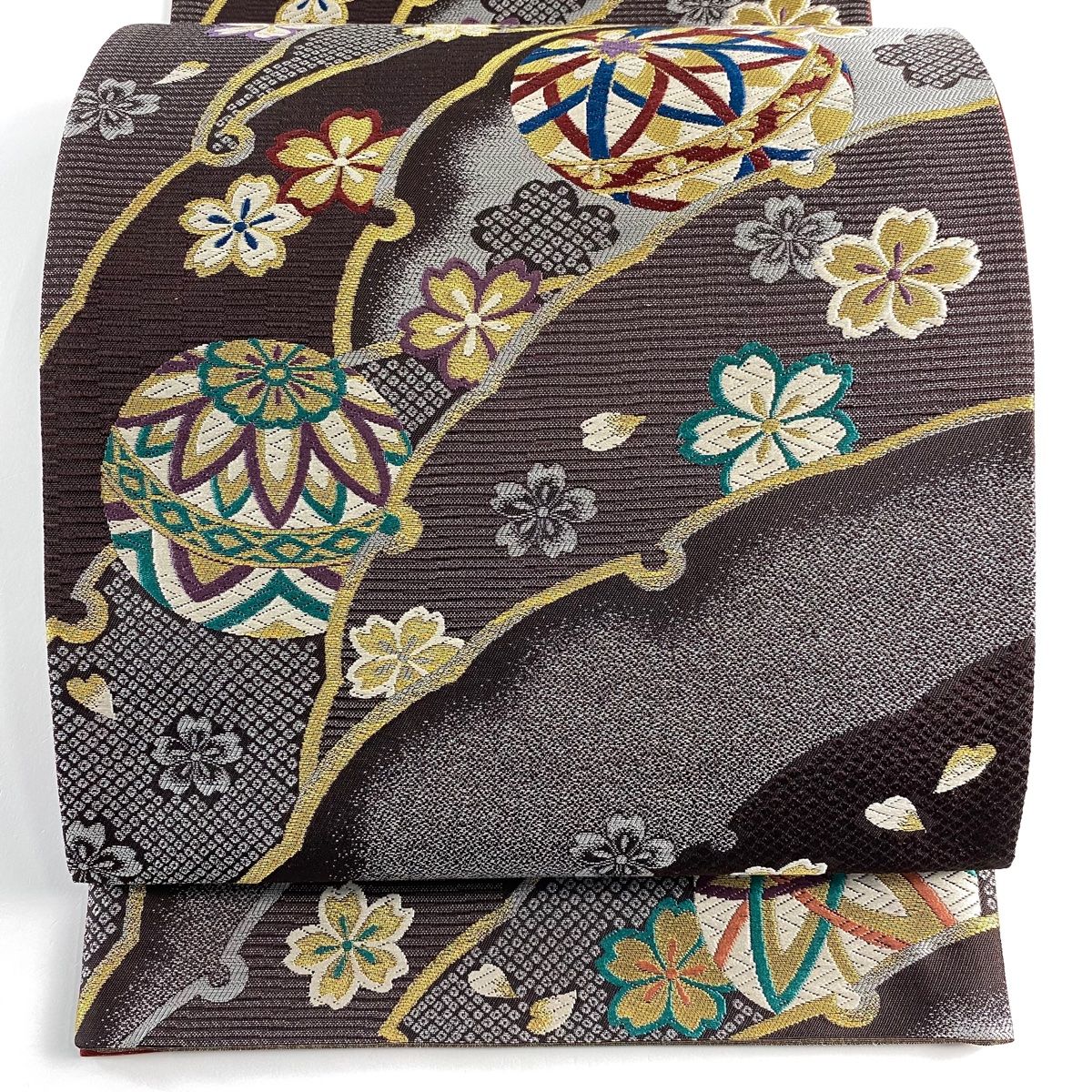 袋帯 秀品 鞠 桜 金糸 焦茶色 六通 正絹