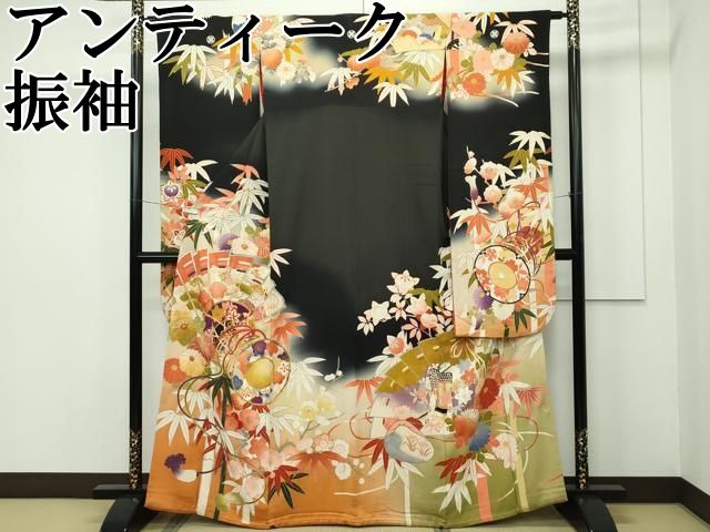 平和屋本店□極上 アンティーク 大正ロマン 振袖 駒刺繍 鼓松竹梅花文