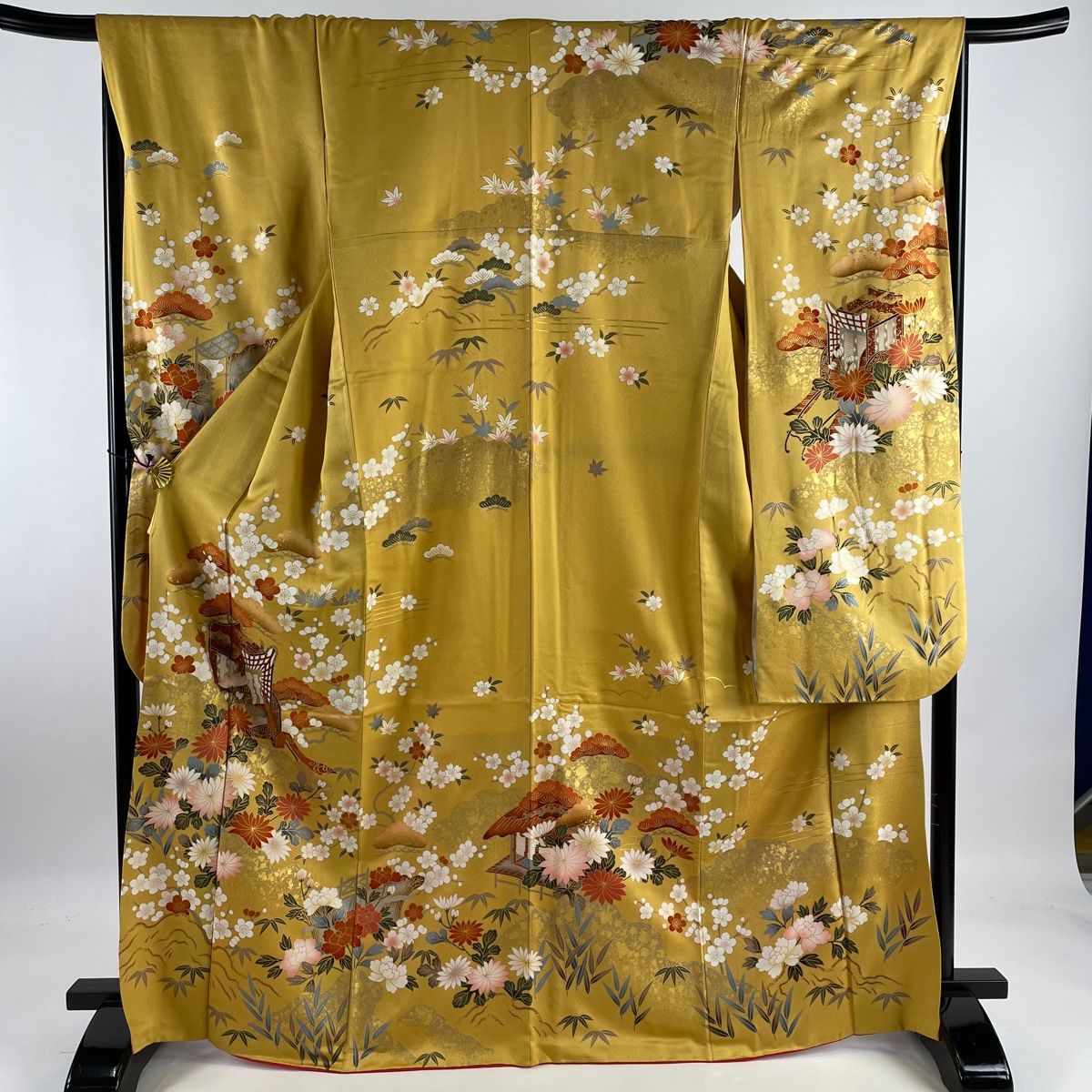 振袖 美品 名品 御所車 草花 金彩 山吹色 袷 身丈169cm 裄丈67.5cm L